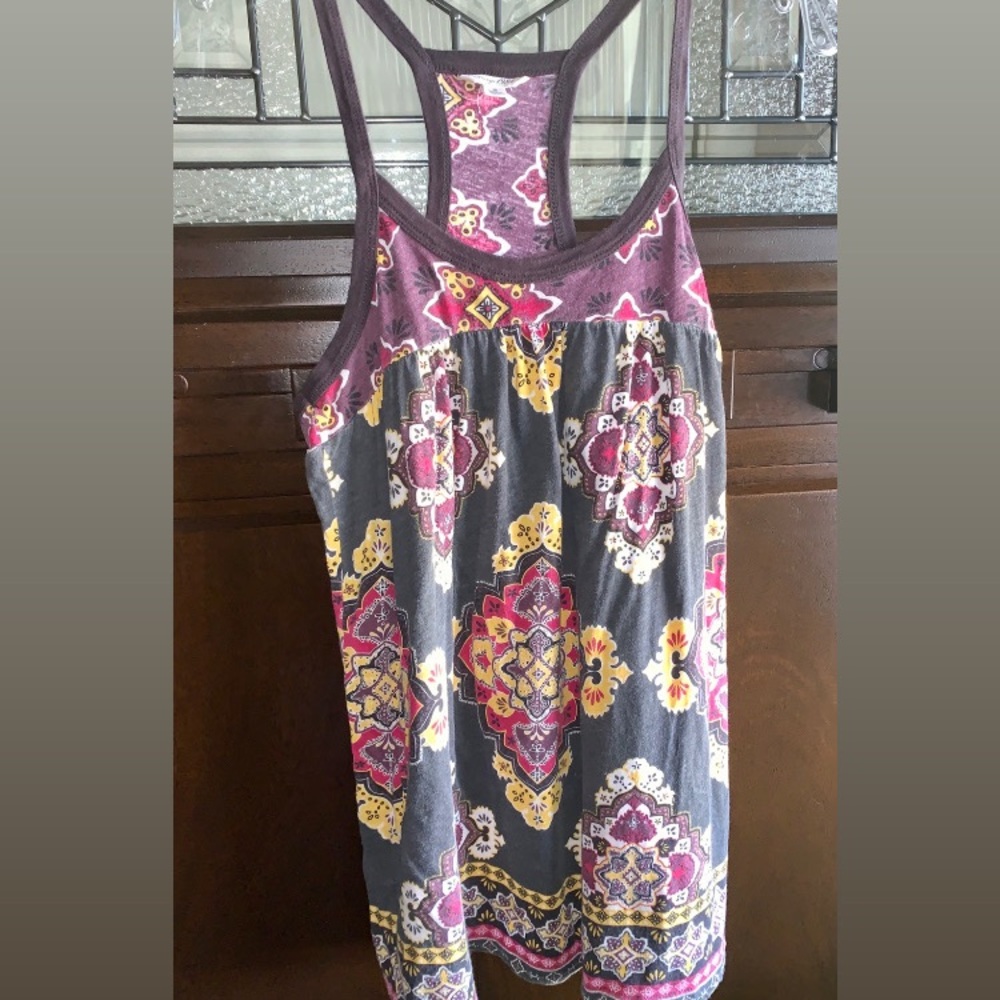 Heritage 1981 Boho Floral Pattern Racer Back Gray Purple Tank Top size Small EUC